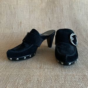 STUART WEITZMAN Heeled Mules Suede Leather Black Silver 7